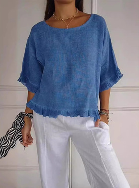 Women's short sleeved round neck solid color loose fit shirt