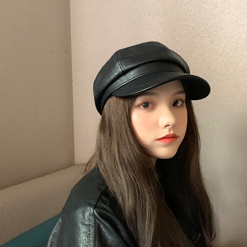 黑色贝雷帽女皮质英伦复古帽子秋冬百搭八角帽网红款韩版潮鸭舌帽