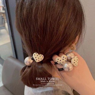 韩国进口新款 小香风波点白色爱心珍珠发圈皮筋扎头绳发绳 高级法式