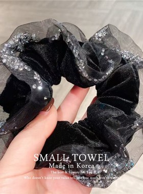 韩国进口nyu高级黑色丝绒网纱水钻大肠圈马尾皮筋丸子头发绳发饰