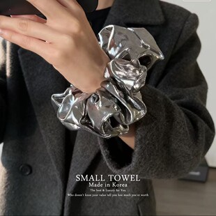 韩国东大门nyu银色布艺大肠圈y2k复古高级光泽马尾皮筋丸子头发绳