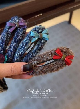 韩国进口nyu秋冬少女儿童蝴蝶结小熊毛绒侧边夹椭圆bb夹发卡发饰