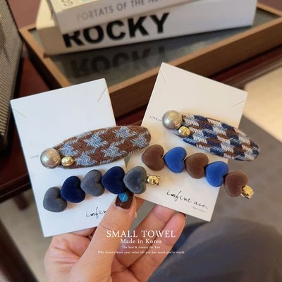 韩国进口高级法式千鸟格珍珠椭圆植绒爱心侧边夹刘海发夹发卡发饰