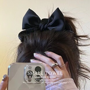 韩国东大门进口法式 气质高级缎面蝴蝶结黑色马尾发圈扎头发绳头饰