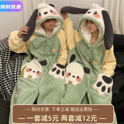 情侣装睡袍女加厚秋冬季珊瑚绒帕恰狗大码200斤男款睡衣宽松浴袍