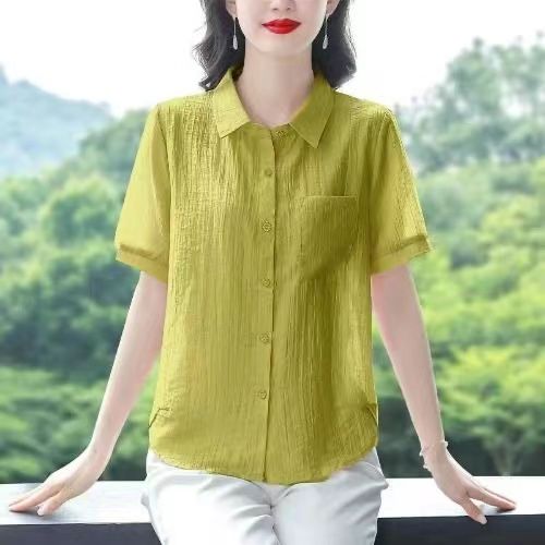 大码高端棉麻短袖时尚减龄衬衫女