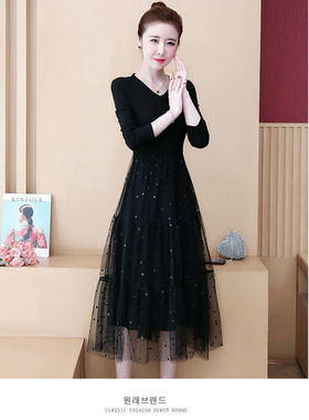 2023新款秋季女装连衣裙简约显瘦打底亮片网纱拼接V领中长裙A字裙