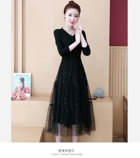 连衣裙简约显瘦打底亮片网纱拼接V领中长裙A字裙 女装 2023新款 秋季