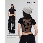 CBXLAB街舞潮牌黑色薄款 kpop欧美上衣 爵士跳舞修身 露背短袖 女美式