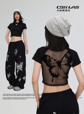 CBXLAB街舞潮牌黑色薄款露背短袖女美式爵士跳舞修身kpop欧美上衣