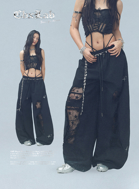 CBXLAB街舞潮牌黑色牛仔贴布破洞跳舞长裤嘻哈街头美式个性休闲裤