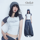 CBXLAB街舞潮牌撞色插肩辣妹T恤弧形夹线收腰显瘦性感跳舞短袖 女