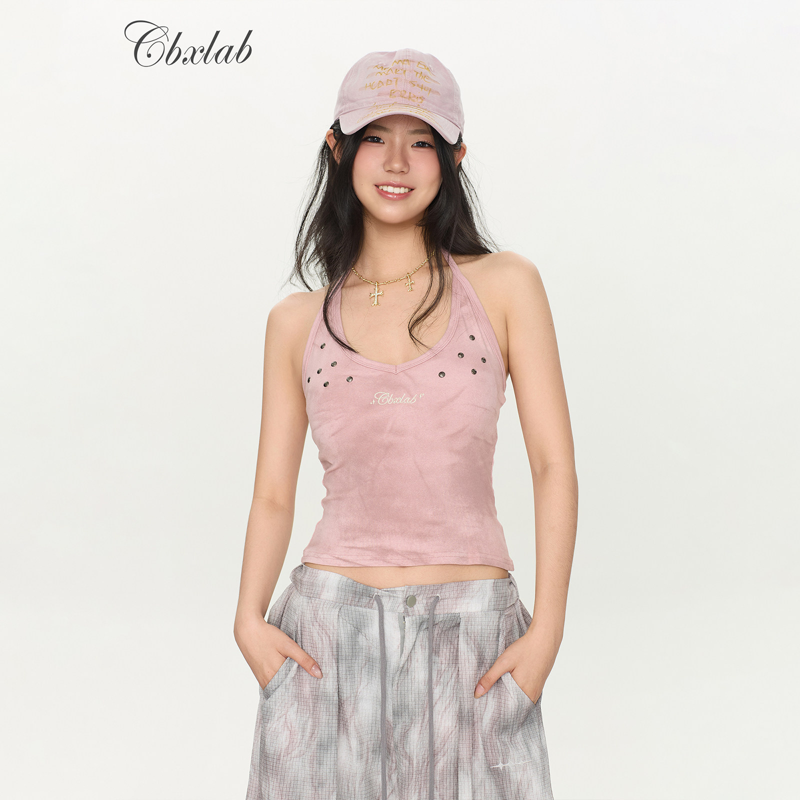 CBXLAB街舞潮牌夏季性感修身铆钉背心显瘦百搭甜酷个性挂脖吊带女