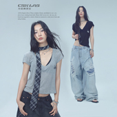 CBXLAB街舞潮牌V领辣妹显瘦软糯短袖 爵士简约跳舞T恤kpop慵懒上衣