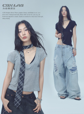 CBXLAB街舞潮牌V领辣妹显瘦软糯短袖爵士简约跳舞T恤kpop慵懒上衣