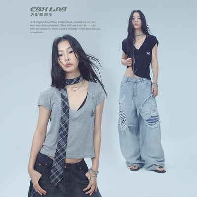 CBXLAB街舞潮牌V领辣妹显瘦软糯短袖爵士简约跳舞T恤kpop慵懒上衣