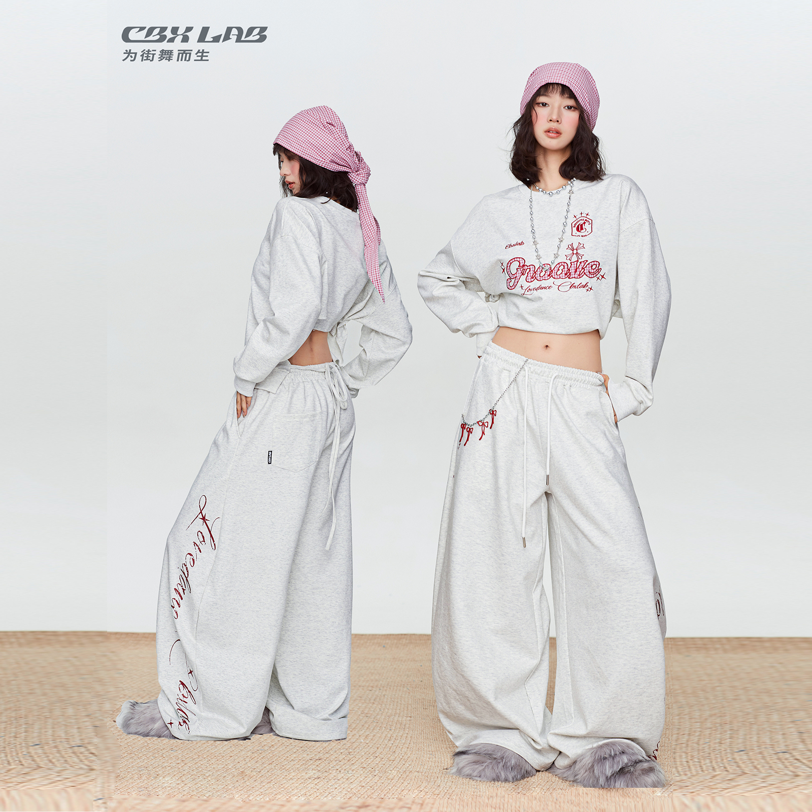 CBXLAB街舞潮牌早秋白灰松弛感套装宽松嘻哈长袖卫衣简约运动裤潮