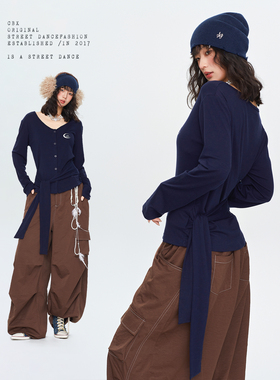 CBXLAB街舞潮牌藏青微宽松慵懒系绳辣妹亲肤长袖爵士性感秋冬上衣