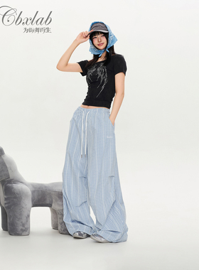 CBXLAB街舞潮牌夏季清新蓝白格子学院风跳舞运动裤复古辣妹休闲裤