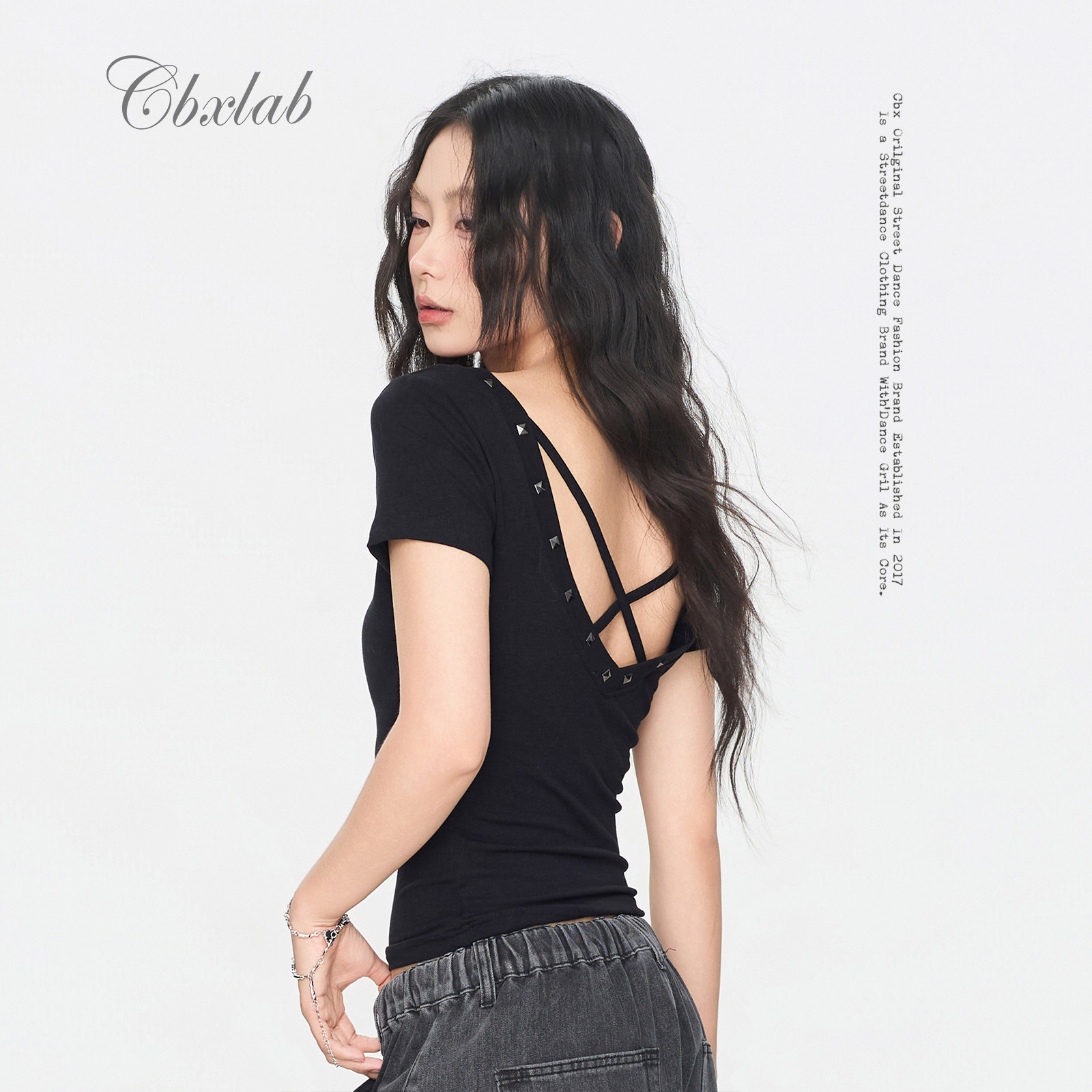 CBXLAB街舞潮牌街头朋克辣妹短袖铆钉后背交叉绑带显瘦爵士上衣潮