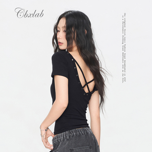 CBXLAB街舞潮牌街头朋克辣妹短袖铆钉后背交叉绑带显瘦爵士上衣潮
