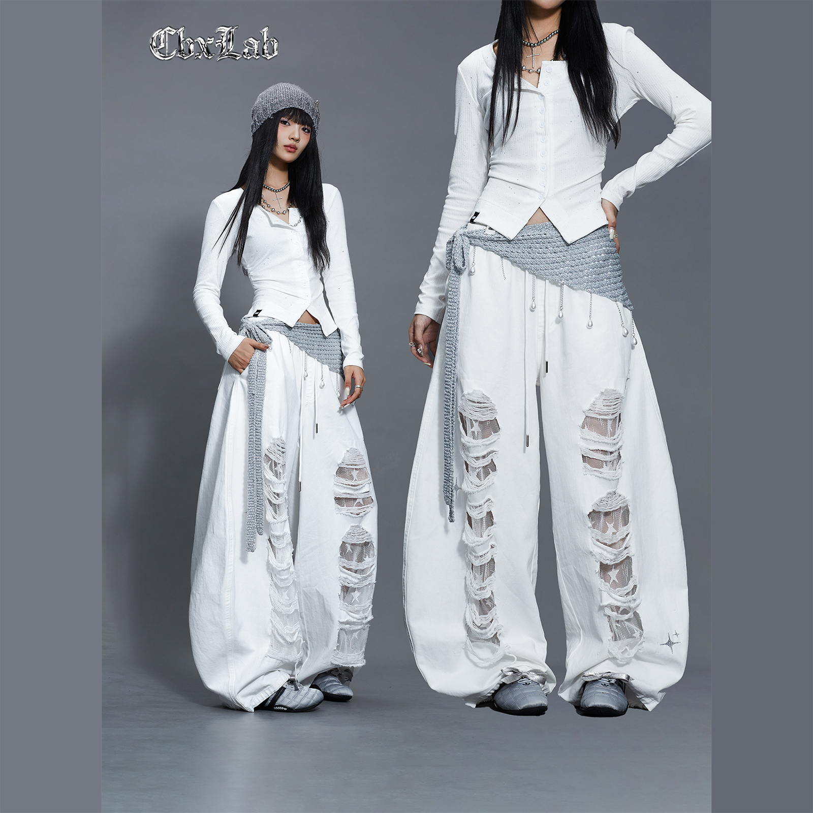 CBXLAB街舞潮牌破洞牛仔嘻哈长裤