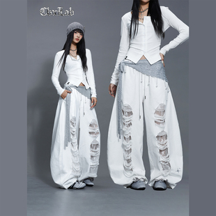 CBXLAB街舞潮牌白色牛仔贴布破洞跳舞长裤设计感爵士辣妹休闲裤潮