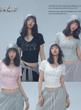 CBXLAB街舞潮牌夏季螺纹高弹亲肤V领短袖爵士辣妹烫钻跳舞上衣女