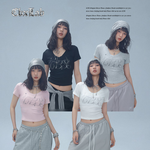 CBXLAB街舞潮牌夏季螺纹高弹亲肤V领短袖爵士辣妹烫钻跳舞上衣女