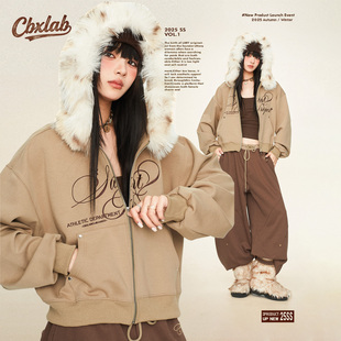 CBXLAB街舞潮牌浅咖秋冬老钱风辣妹豹纹毛领外套短款美式长袖上衣