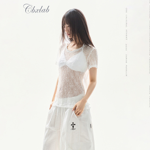 CBXLAB街舞潮牌高弹纯欲蕾丝夏季性感微透短袖细腻亲肤爵士上衣女