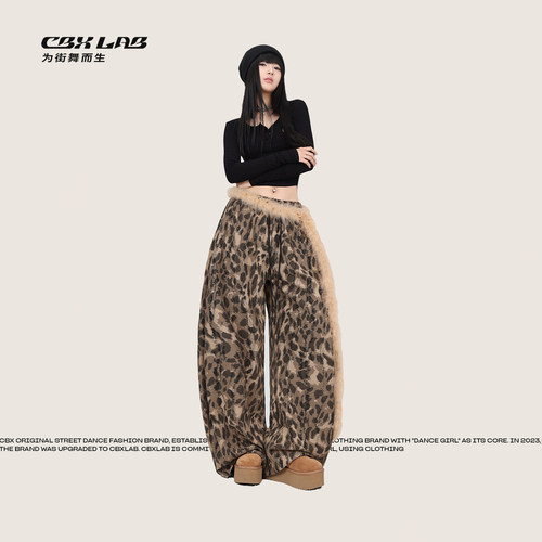 CBXLAB街舞潮牌卡其豹纹破洞复古长裤废土嘻哈运动裤爵士休闲裤潮