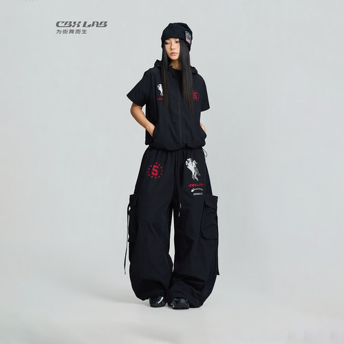 CBXLAB街舞潮牌oversize速干编舞套装嘻哈工装长裤连帽美式短袖潮
