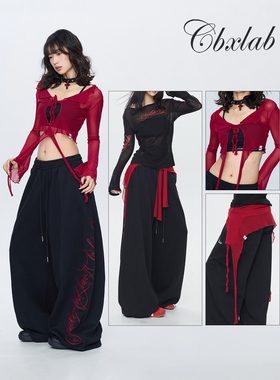 CBXLAB街舞潮牌酒红辣妹流苏网纱跳舞腰搭kpop长袖飘逸感罩衫女