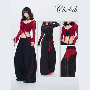 CBXLAB街舞潮牌酒红辣妹流苏网纱跳舞腰搭kpop长袖 女 飘逸感罩衫