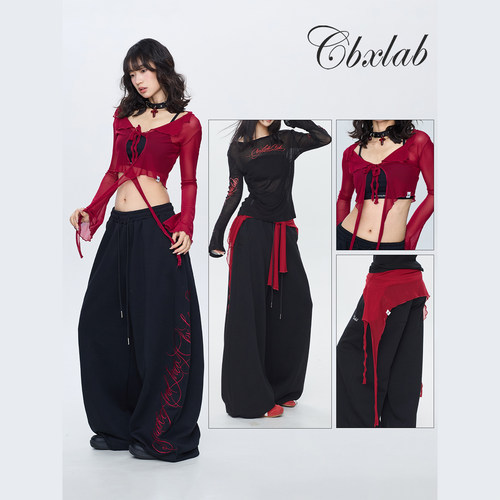 CBXLAB街舞潮牌酒红辣妹流苏网纱跳舞腰搭kpop长袖飘逸感罩衫女