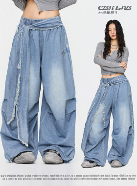 CBXLAB街舞潮牌复古毛边做旧长腰带牛仔长裤美式街头跳舞休闲裤潮