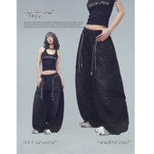 CBXLAB街舞潮牌黑色烫钻双抽绳牛仔休闲裤 复古水洗嘻哈香蕉长裤 潮