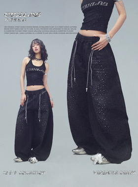 CBXLAB街舞潮牌黑色烫钻双抽绳牛仔休闲裤复古水洗嘻哈香蕉长裤潮