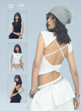 CBXLAB街舞潮牌夏季爵士辣妹套装蕾丝花边长裤交叉露背性感短袖女