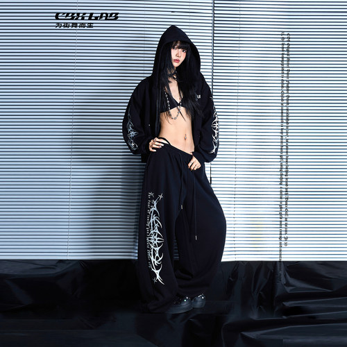 CBXLAB街舞潮牌黑色金属哥特潮酷美式个性卫衣外套爵士辣妹运动裤