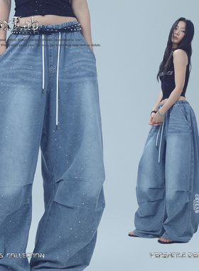 CBXLAB街舞潮牌蓝色烫钻复古伞兵牛仔嘻哈长裤美式街头辣妹休闲裤