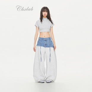 潮 复古街头辣妹跳舞休闲裤 CBXLAB街舞潮牌拼接牛仔美式 嘻哈运动裤