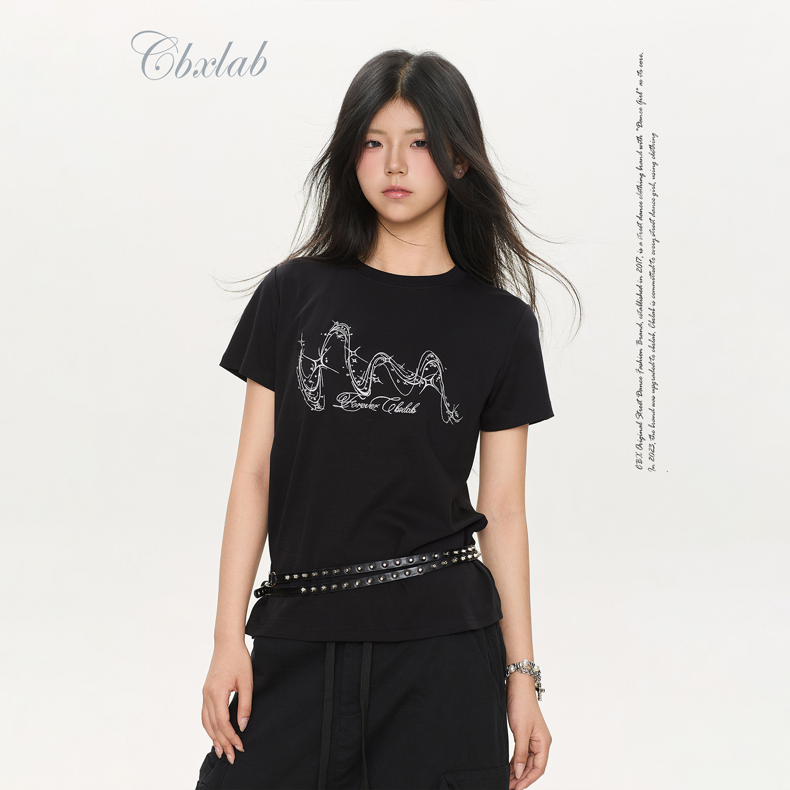 CBXLAB街舞潮牌辣妹修身百搭简约正肩上衣星河刺绣爵士kpop短袖女