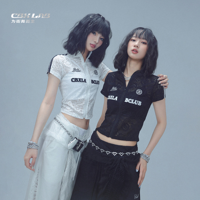 CBXLAB街舞潮牌夏季蕾丝腰果花微透爵士上衣美式辣妹性感机车短袖