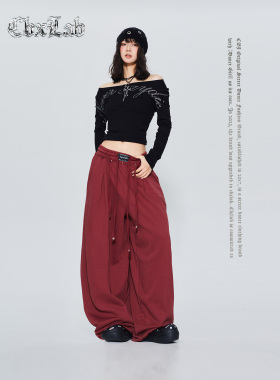 CBXLAB街舞潮牌酒红毛圈针织嘻哈运动裤美式双抽绳辣妹显瘦长裤潮