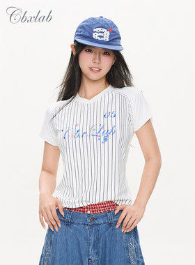 CBXLAB街舞潮牌高弹线条烫钻辣妹球服T恤爵士跳舞显瘦收腰短袖女