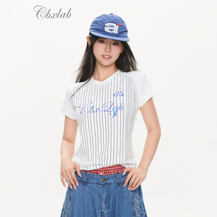 CBXLAB街舞潮牌高弹线条烫钻辣妹球服T恤爵士跳舞显瘦收腰短袖女
