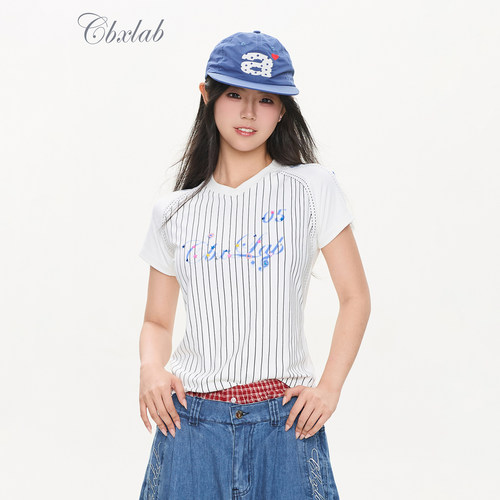 CBXLAB街舞潮牌高弹线条烫钻辣妹球服T恤爵士跳舞显瘦收腰短袖女