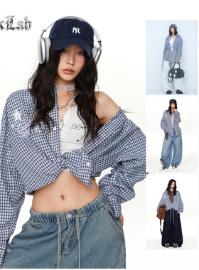 CBXLAB街舞潮牌蒸汽蓝格子美式长袖衬衫个性纯棉外套爵士辣妹上衣